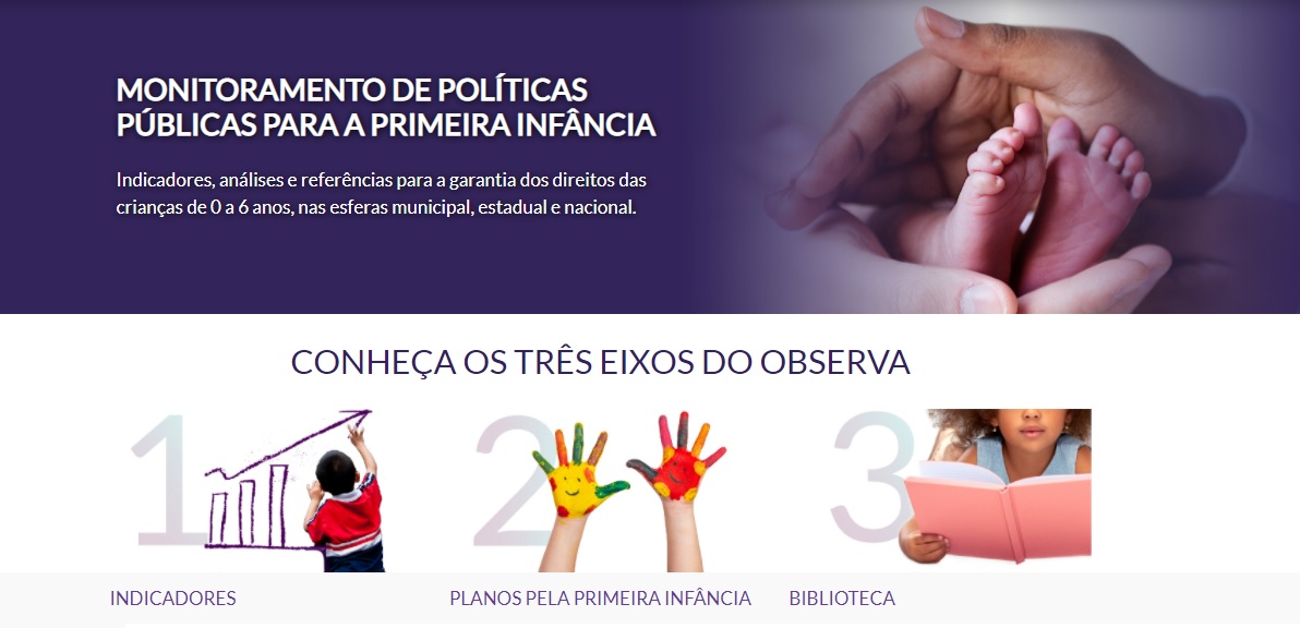 Página do Observa mostrando os três eixos da plataforma: indicadores, planos pela primeira infância e biblioteca